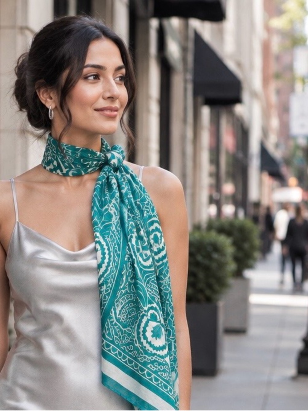 Ellen Tracy 100% Silk Scarf Teal Silver Floral 34x34